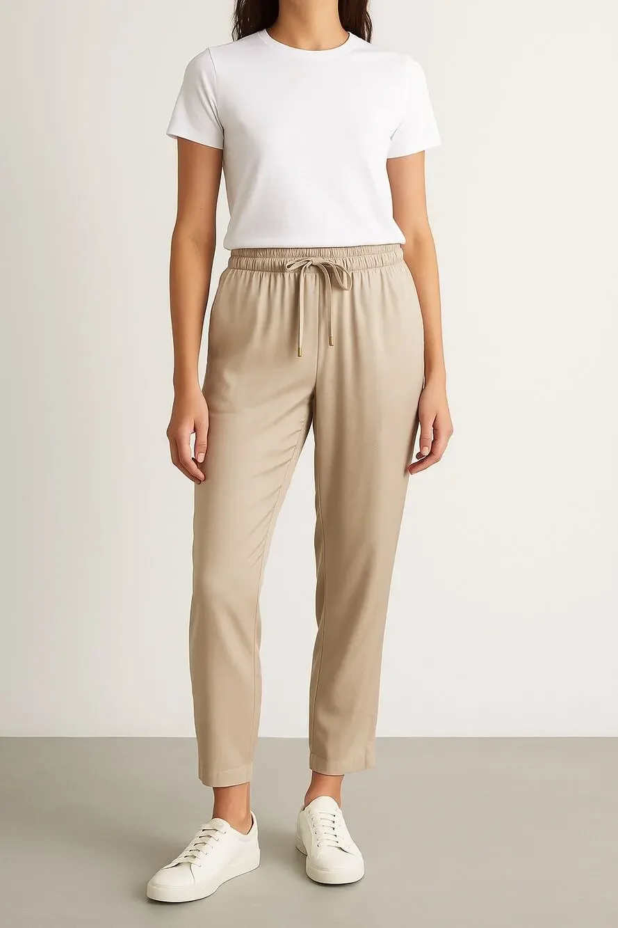 Tory Burch Satin Modal Rayon Tapered Drawstring Pull On Trousers Pants Small Tan